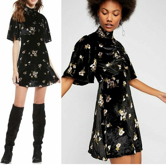 Free People Dresses & Skirts - Free People Black Velvet Mini Dress with Floral Design